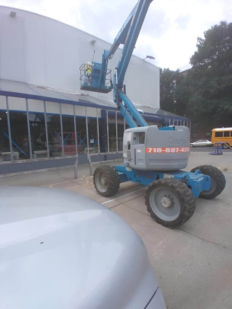 A worker in a yellow vest on a blue cherry picker painting the side of a large building. The lift is positioned on a paved area near other equipment and vehicles, with trees visible in the background.